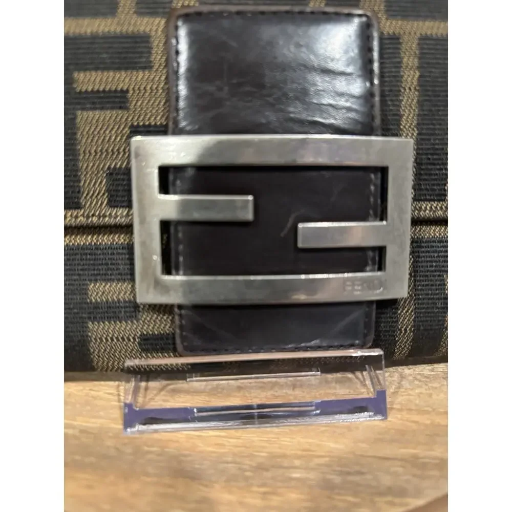 Fendi FF Zucca Logo Long Clutch Flap Wallet Credit Card Zipper Brown Black